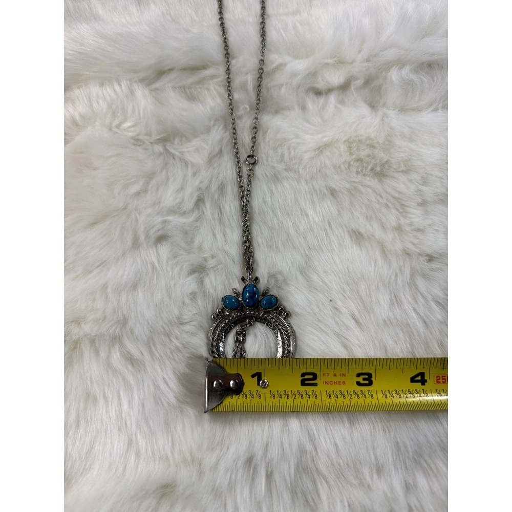 Western Horseshoe Squash Blossom Turquoise Necklace Silver Tone - Picture 6 of 7